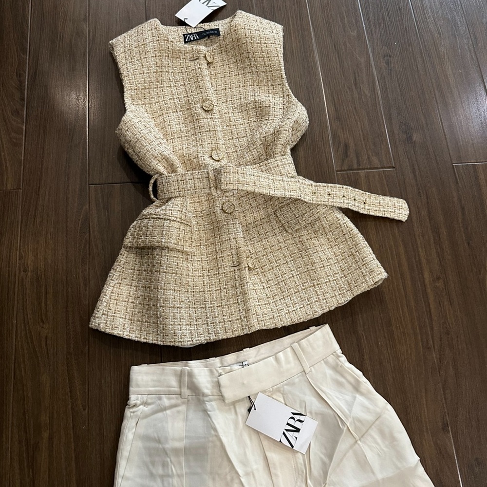Zara Beige Tweed Vest and Cream pants  Set